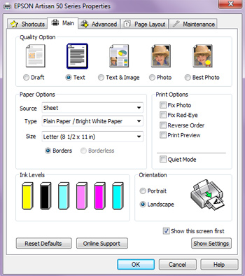 Epson Artisan 50 printer driver interface Epson Artisan 50 printer driver interface