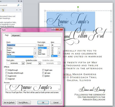 edit text on elegant calligraphy wedding invitation in Word