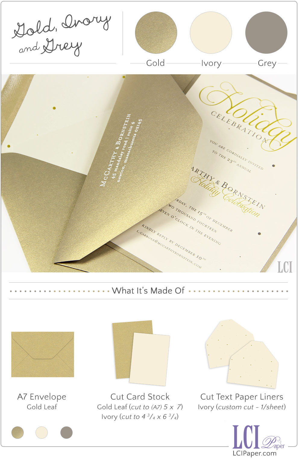 Holiday party invite made with Curious metallics Gold Leaf and Popset Ivory papers