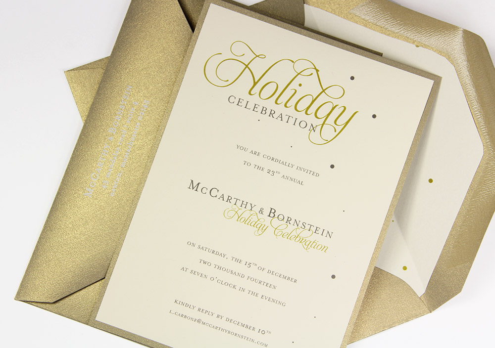 Gold Leaf, grey, and ivory holiday party invitation with gold confetti print liner