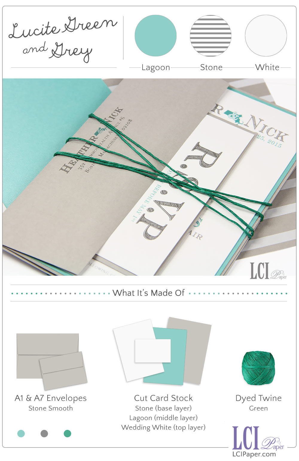 Rustic state themed wedding invitation made with lucite green and glacier gray color combination