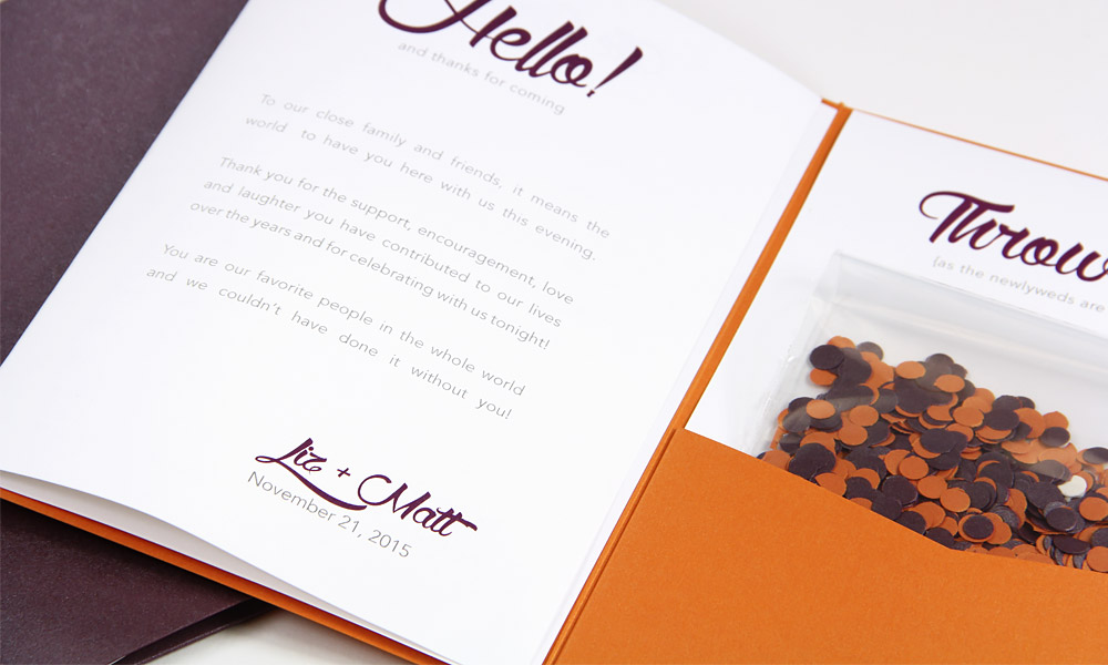 DIY wedding program in a pocket - folding program on left, confetti toss on right -step by step by step instructions and free Word print templates on LCIPaper.com