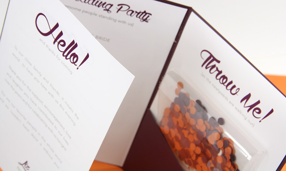 DIY wedding program in a pocket - folding program on left, confetti toss on right -step by step by step instructions and free Word print templates on LCIPaper.com