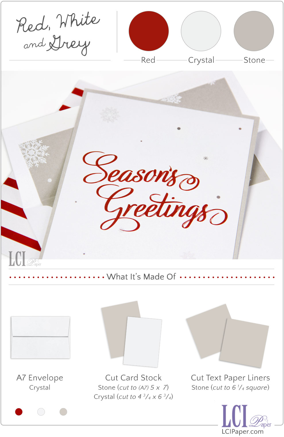 Red, white and gray layered snowflake holiday card with matching liner by LCI Paper