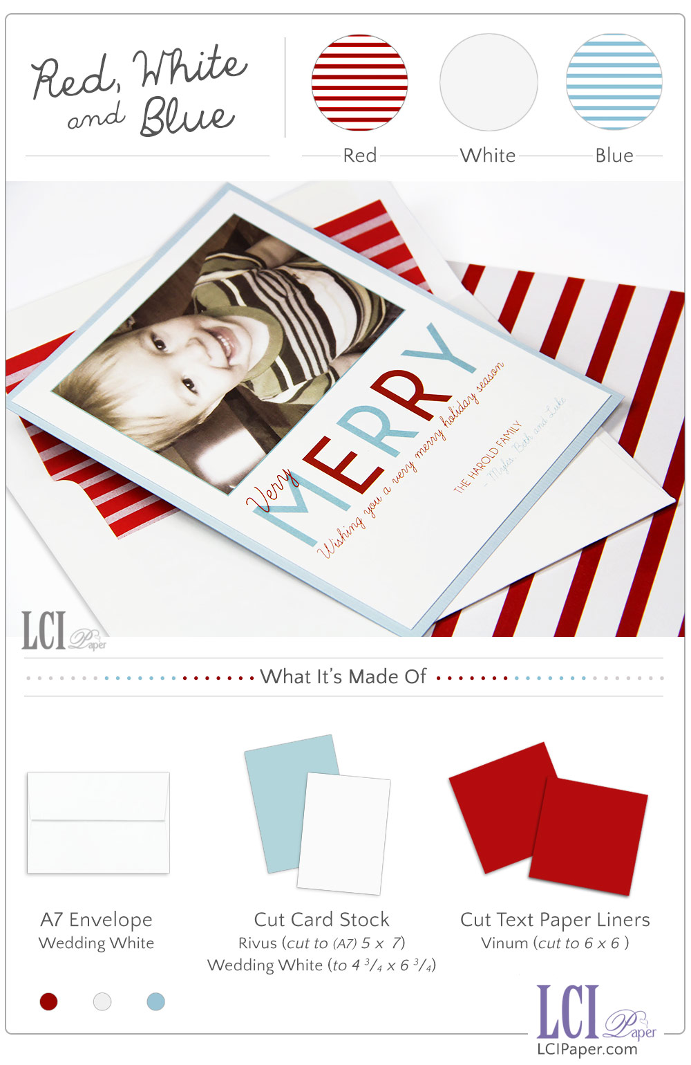 Red, white and blue layered photo holiday card by LCI Paper