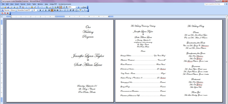 wedding program word front back wedding program word front back