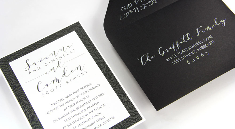 Wood Grain Brasilia Black Card Stock (#10) invitation with matching Ebony (#10) smooth matte envelope