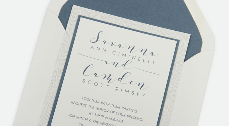 Wood Grain Brasilia Dust Card Stock (#72) invitation with matching Sea Grass (#72) smooth matte envelope