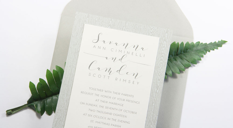 Wood Grain Brasilia Grey Card Stock (#23) invitation with matching Stone (#23) envelope