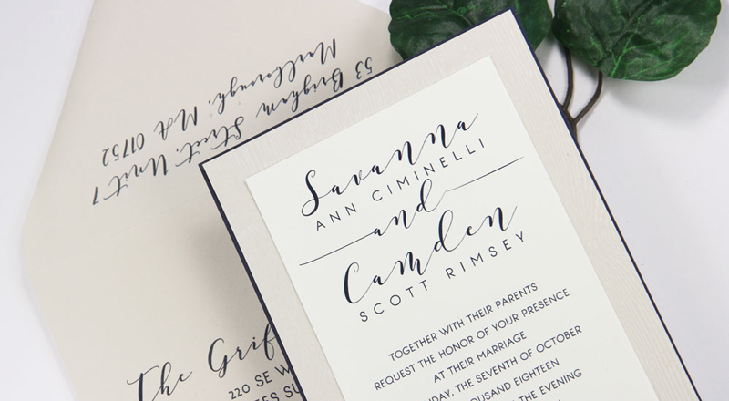 Wood Grain Brasilia Powder Card Stock (#84) invitation with matching Chardonnay (#84) smooth matte envelope