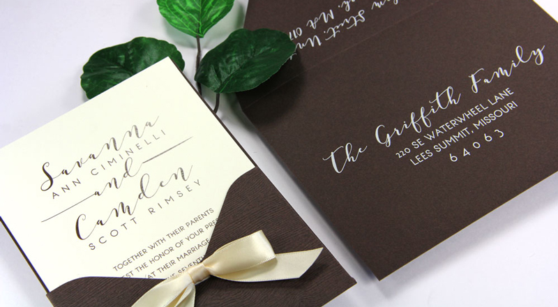 Wood Grain Bubinga Pocket Card Invitation with matching Chocolate (#37) smooth matte envelope