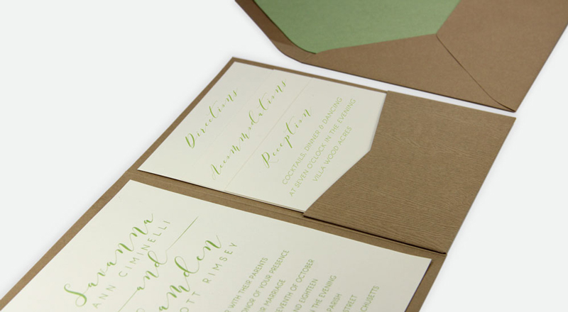 Wood Grain Tindalo Posh Pocket Card Invitation (#12) with matching Beach Sand (#12) smooth matte envelope