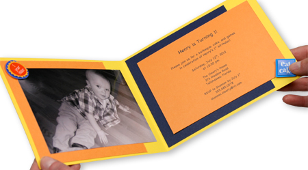 yellow, orange, and navy booklet invitation for boy's birthday